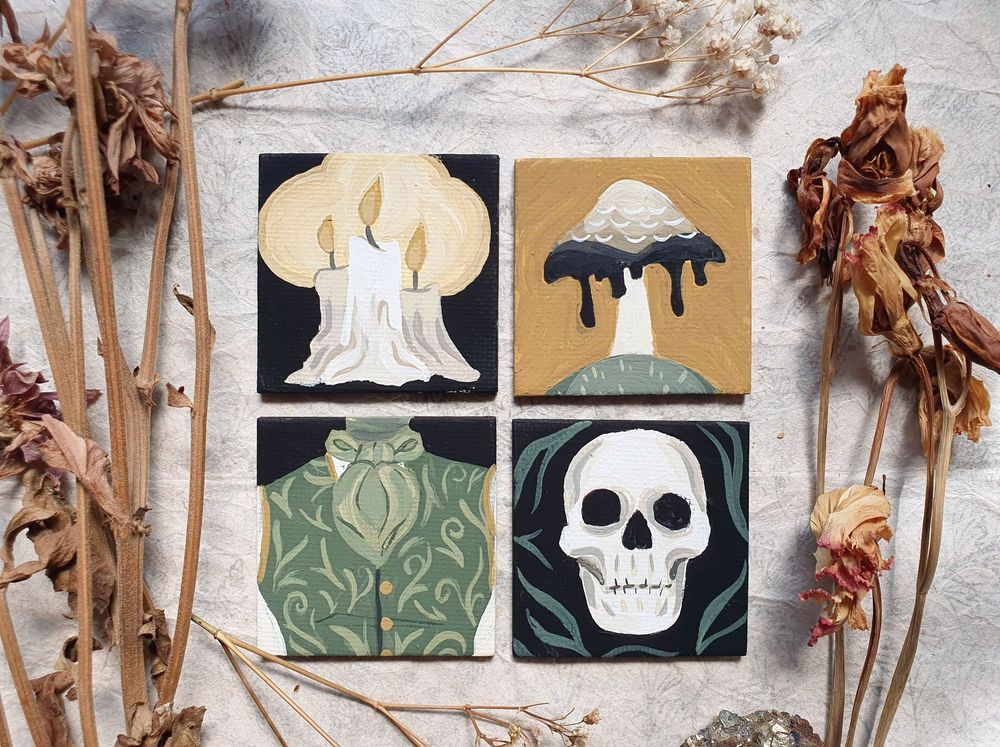 A photo of 4 5cm by 5cm canvases painted with gouache. From top left corner:
1. Three lit melting cream coloured candles glowing with orbs of orange light.
2. An ink-cap mushroom dripping with black.
3. A green decorated waistcoat and a light green cravat tied into a knot.
4. A human skull surrounded by green leaves.