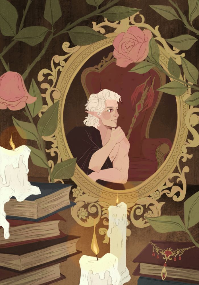 A digital illustration of Astarion from Baldur's Gate 3. It shows a fancy gold framed ornate mirror leaning on the top of a table. Around the mirror are books stacked, roses growing, and candles burning. There is a gold and ruby necklace on top of one of the books. 
In the reflection of the mirror, there sits Astarion. He wears a black cape covering his naked chest. He sits in front of an ornate red velvet chair. Leaning against this chair is Woe: Cazador's staff.