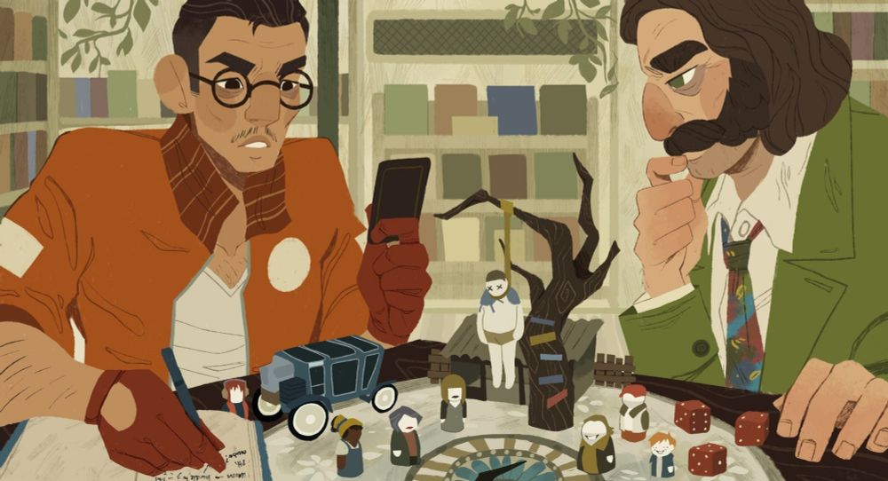An illustration inspired by the game Disco Elysium. It shows Kim and Harry sat at a table playing a boardgame: the boardgames features important characters and people of interest to the Hanged Man case (the case they solve over the course of the video game). Kim holds a card and looks determined while writing down notes in his notebook. Harry looks thoughtful, his hand reaching for a set of 6 sided dice.