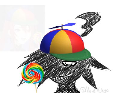 Yoej from Lightstriker, OC belonging to Jonathan Jamathan, wearing a propeller hat whilst holding a lollipop. Grown ass man who's the final villain btw