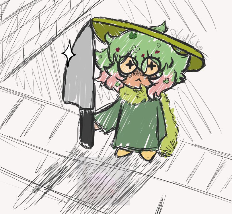 Illustration of Holysnails' OC Leafie standing menacingly at your doostep with a huge knife in her hand
Kirby 