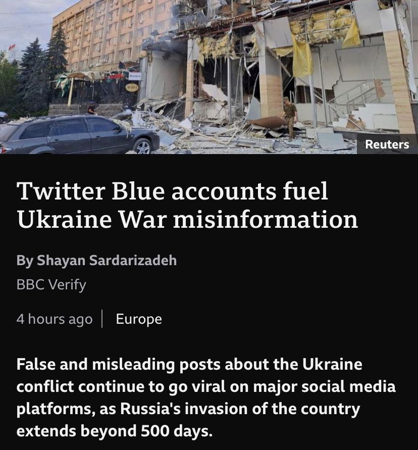 Reuters
Twitter Blue accounts fuel Ukraine War misinformation
False and misleading posts about the Ukraine conflict continue to go viral on major social media platforms, as Russia's invasion of the country extends beyond 500 days.