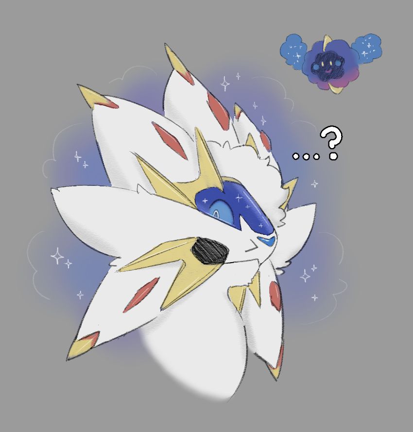 A headshot of freshly-TF'd Tailed as a Solgaleo, surrounded by some deep blue cosmic dust, which is presumably what caused or contributed to the transformation. His head is tilted to the side as he inspects his own post-TF body with confusion. A Cosmog nearby happily looks on with a smile.