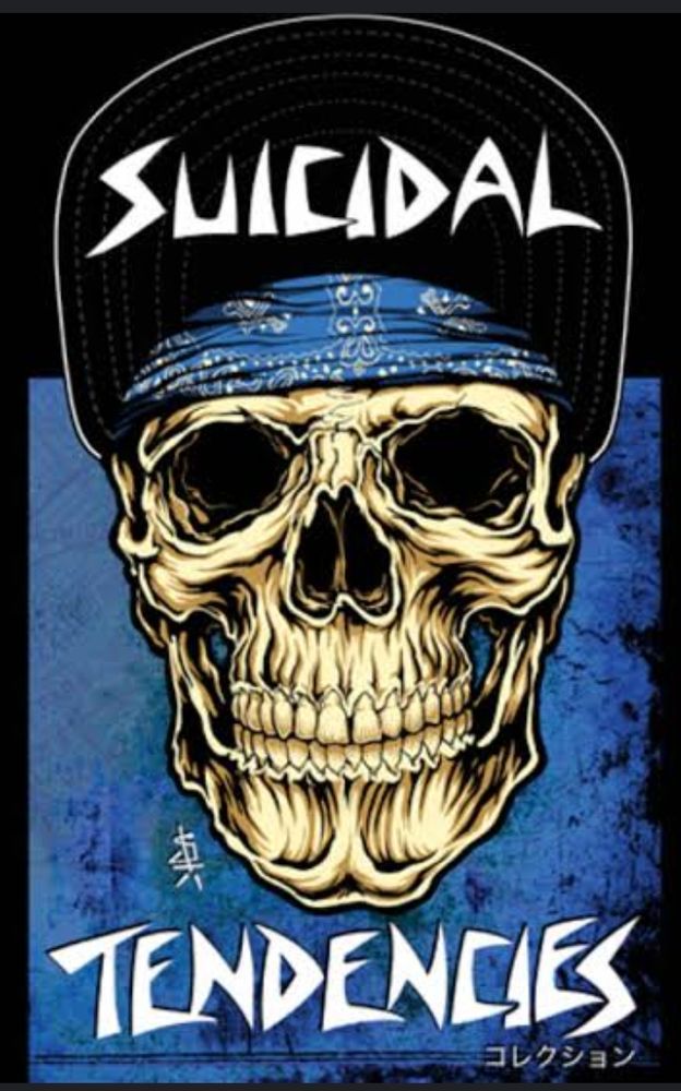 An illustration of a skull. Skull wears a blue bandana and a trucker cap. Popped brim says SUICIDAL. TENDENCIES is below the skull.