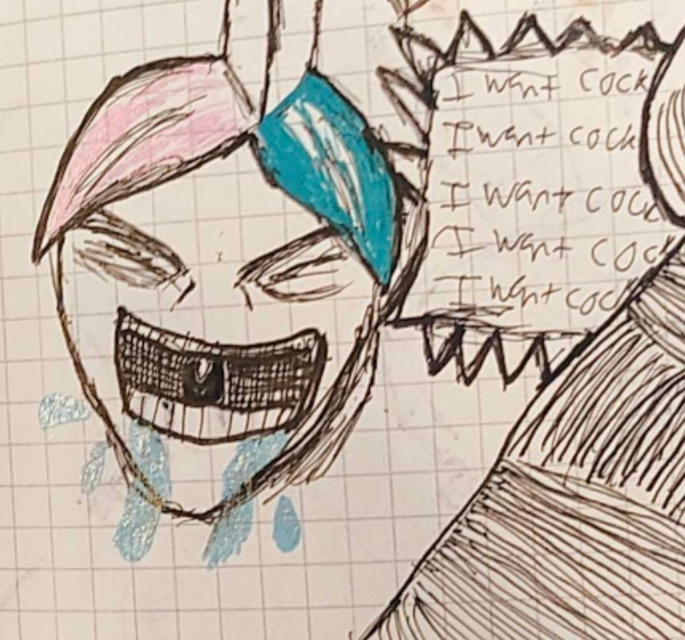 A woman with pink and blue hair screaming "I want cock" over and over again.