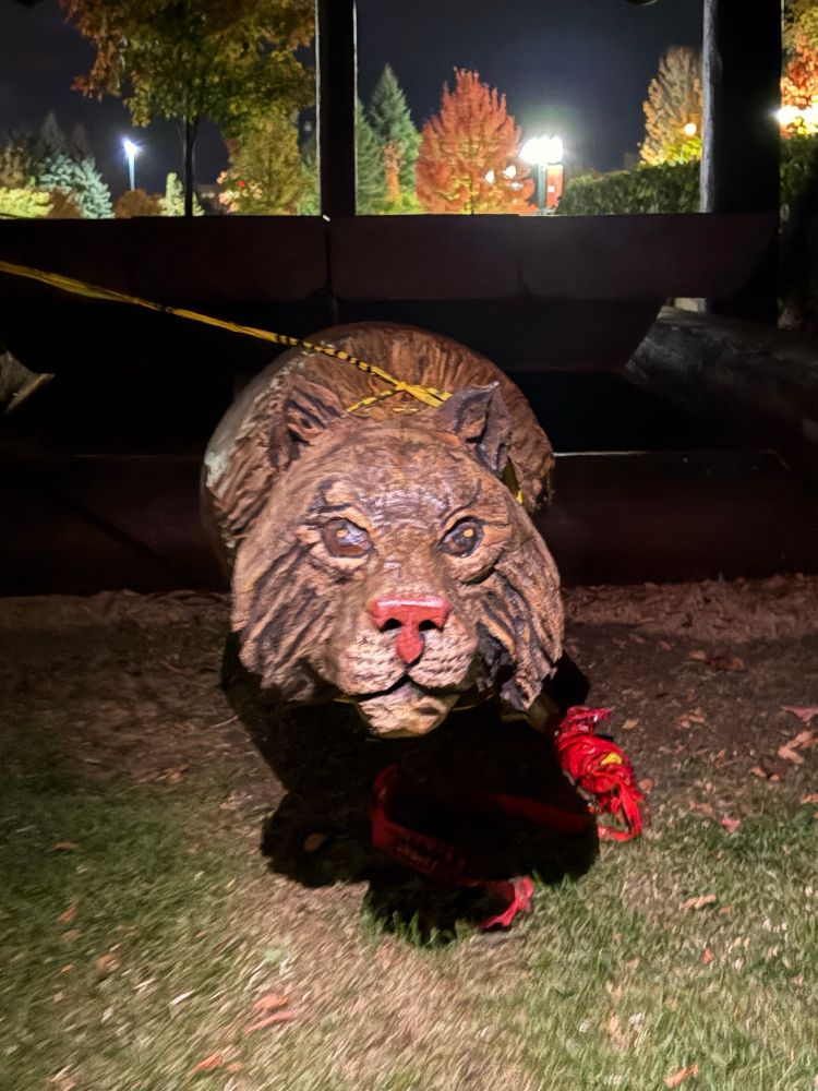 Some weird looking wooden tiger sticking out of a table.