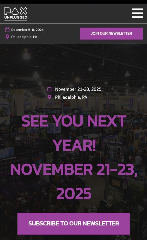 Screenshot of PAX Unplugged website announcement of 2025 convention dates.