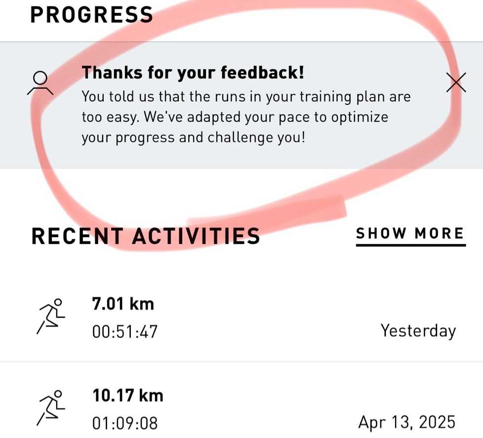 A screenshot of my running app:
PROGRESS
Thanks for your feedback!
You told us that the runs in your training plan are too easy. We've adapted your pace to optimize your progress and challenge you!
RECENT ACTIVITIES
SHOW MORE
7.01 km
00:51:47
Yesterday
10.17 km
01:09:08
Apr 13, 2025