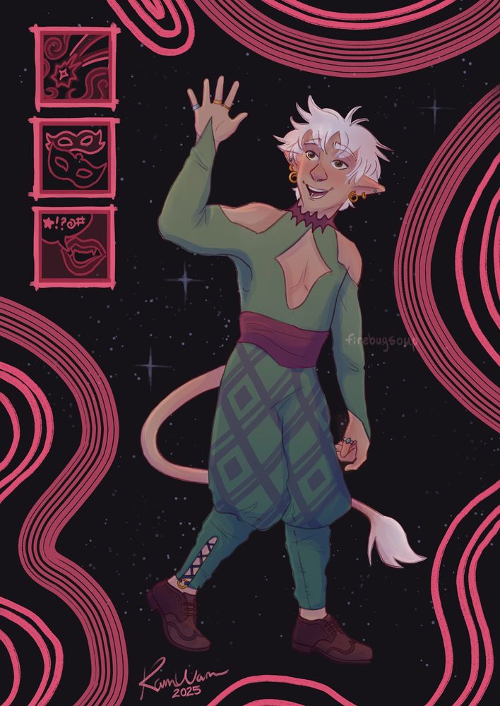 Original art of a halfling bard with light skin, white hair that acts almost pearlescent, and a green and purple outfit. Kind of akin to that of what an ice skate might wear on the top half, and the bottom half has a diamond and plaid patterned baggy style, with the fabric tightening around the calves, as well as wing tipped brown shoes. The halfling also has a tail and is waving. In the background is a starry and psychedelic pattern.