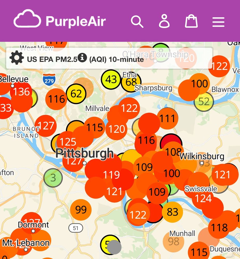 Air quality map of Pittsburgh showing values above 100.