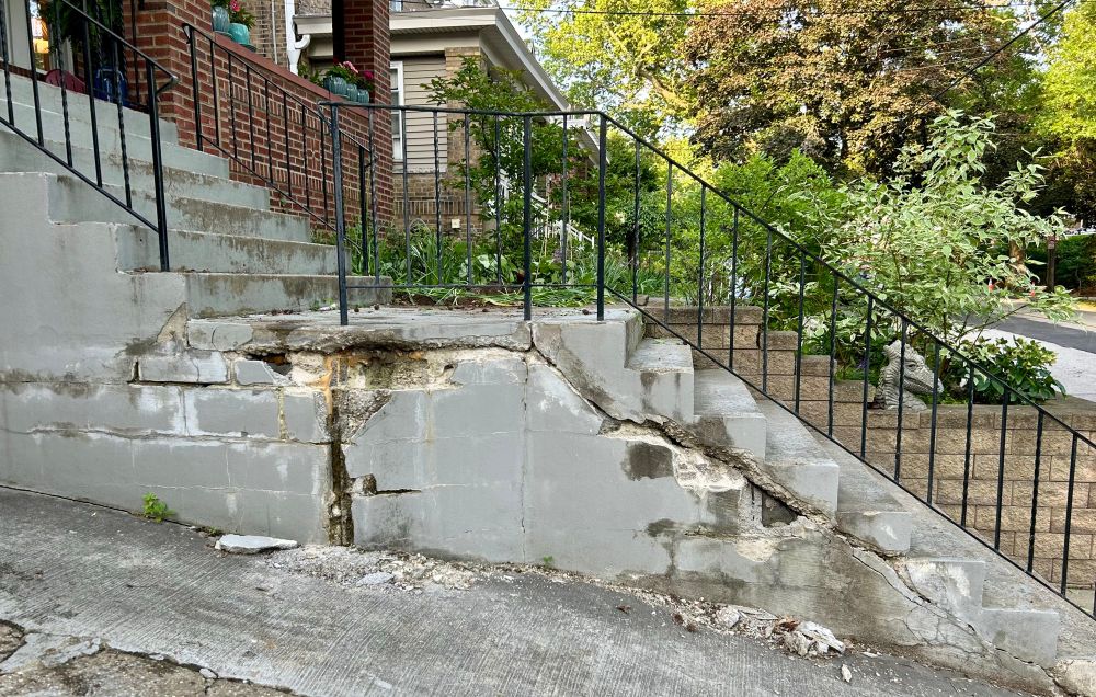 The old steps to my front porch. The surface of the steps is fine, but the retaining wall along the side is crumbling away. It was built of concrete block and then faced with some concrete. The blocks kind of dissolved.