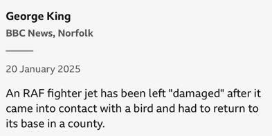 George King
BBC News, Norfolk
20 January 2025
An RAF fighter jet has been left "damaged" after it came into contact with a bird and had to return to its base in a county.
