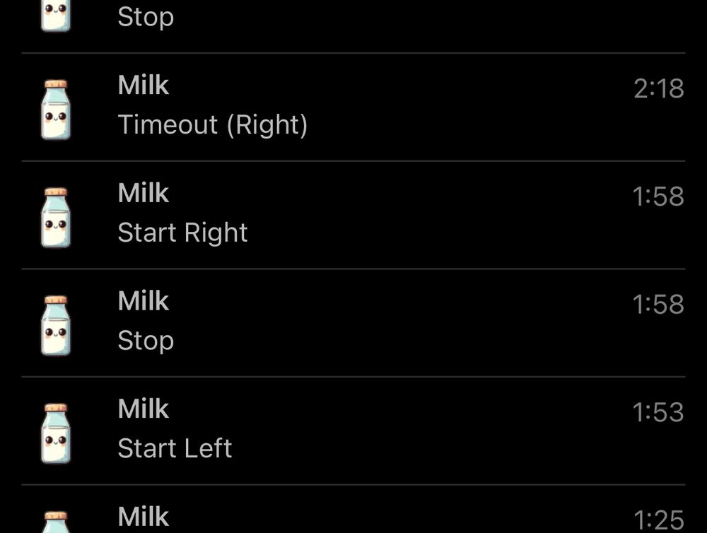 Screenshot of pushover app showing notifications from the breastfeeding tracker device 