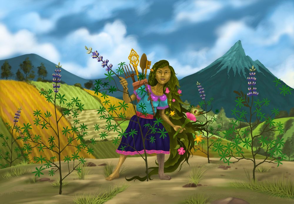 Humanoid with bark skin, one puma leg, and flower/leaf hair