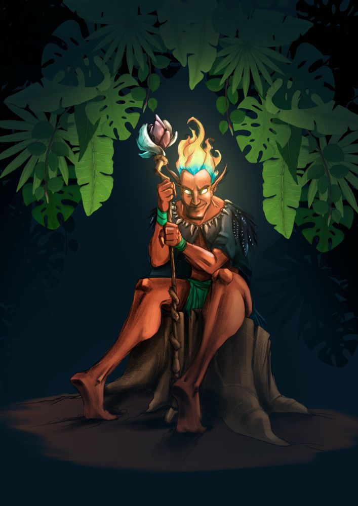 Humanoid with fiery hair, reverse facing feet, and pointy ears