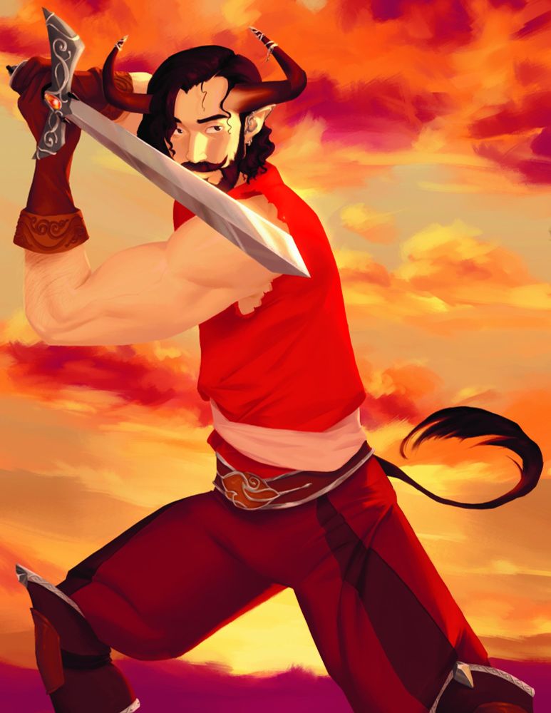 Humanoid with pointy ears, a bull tail and bull horns
