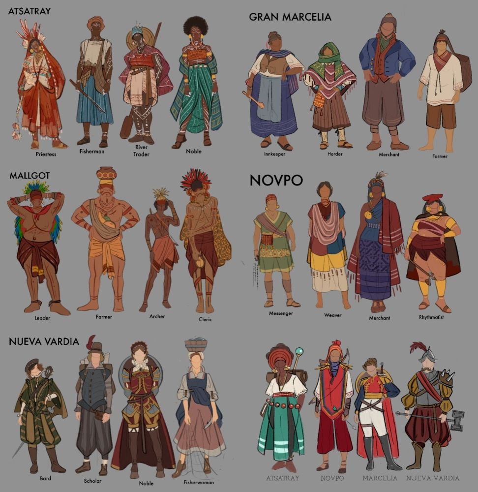 Different costume designs for people from the five territories of Koboa: Atsatray, Gran Marcelia, Mallgot, Novpo, and Nueva Vardia