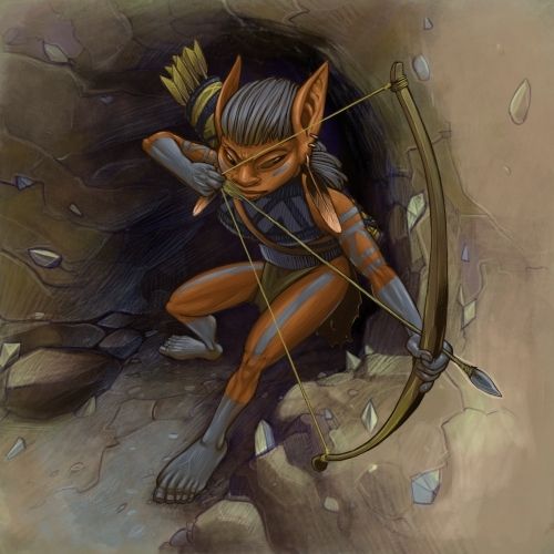 A short humanoid with large eyes and feet and pointy ears