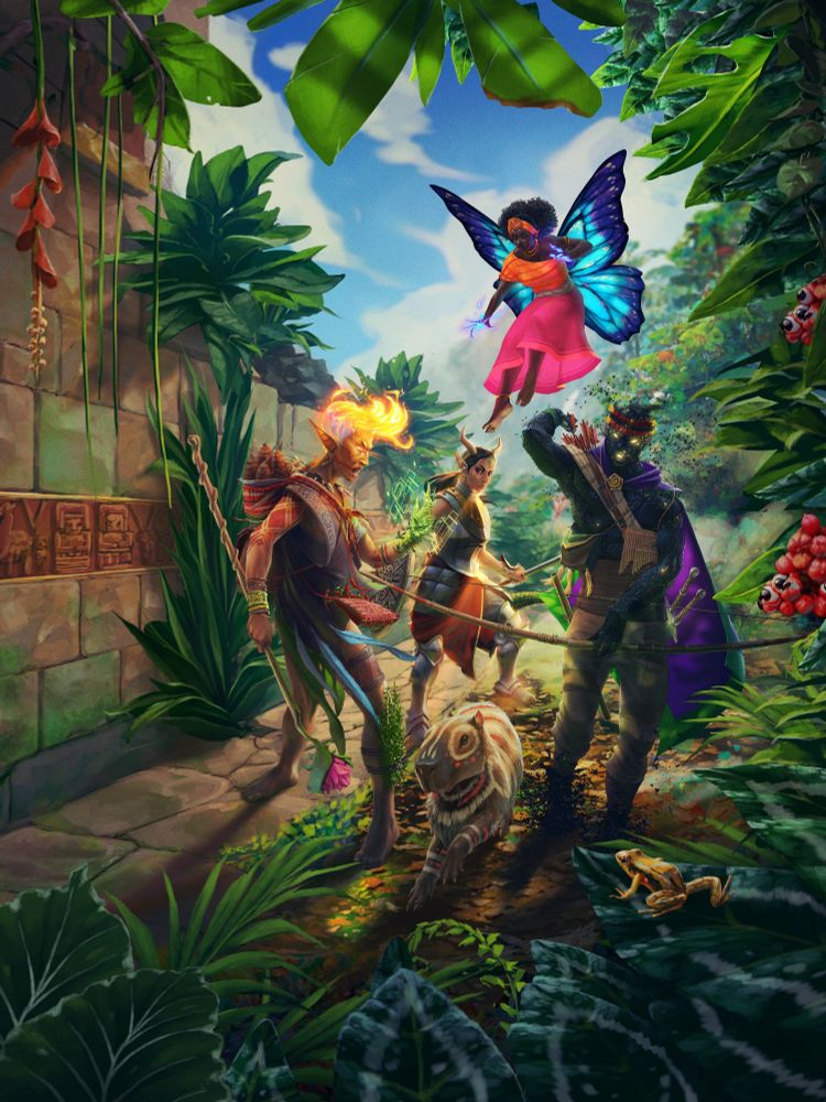 Four koboa characters and a capybara stand next to overgrown ruins in a rainforest. One is Black and flying overhead on her butterfly wings. One has fiery hair and body markings. One is wearing armor and has horns. The final one is made up of insects and weird a bow and arrow. 