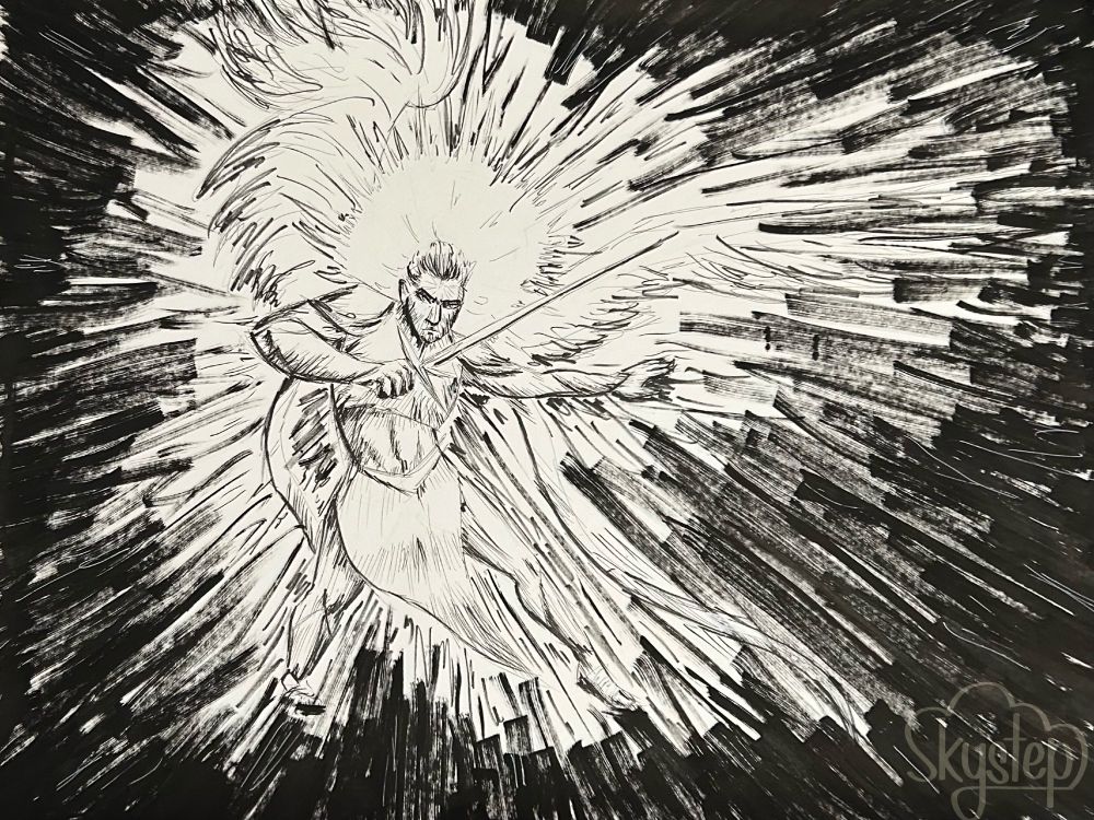 A winged person with a sword in a defensive pose radiates light