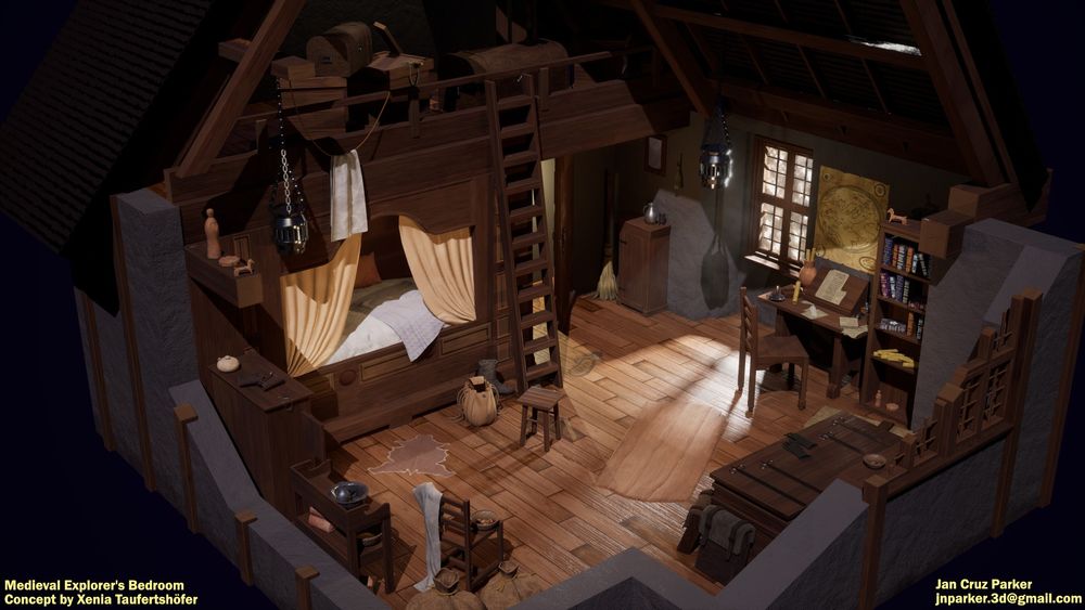 Attic diorama: an assortment of props that are wooden, clay sculpted, books, maps etc depicting an explorer's bedroom