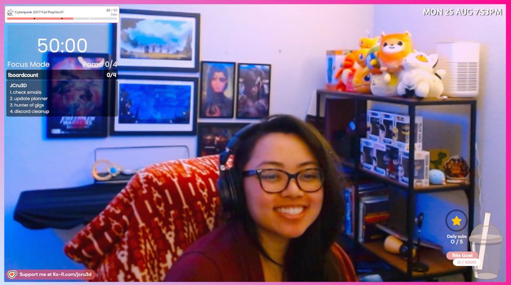 Tasklist to the left, fandom artwork in the back, other nerdy decor to the right and JCru in the center 