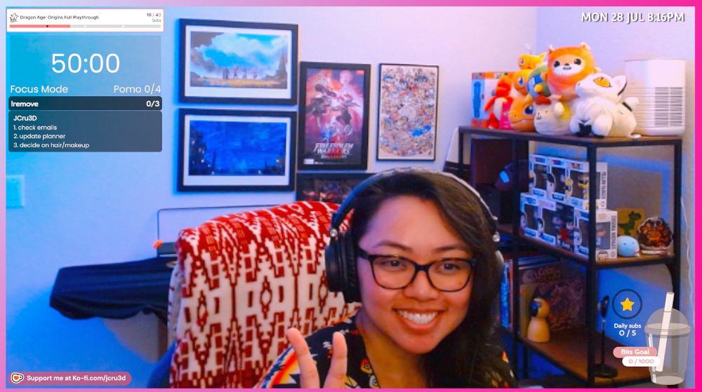 Tasklist to the left, assortment of nerdy plushies to the right, anime/game art in the background and JCru coworking in the center 