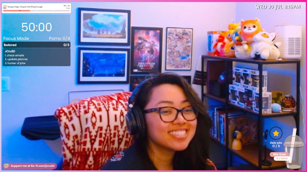 Task list to the left, artwork in the background and JCru in the center 