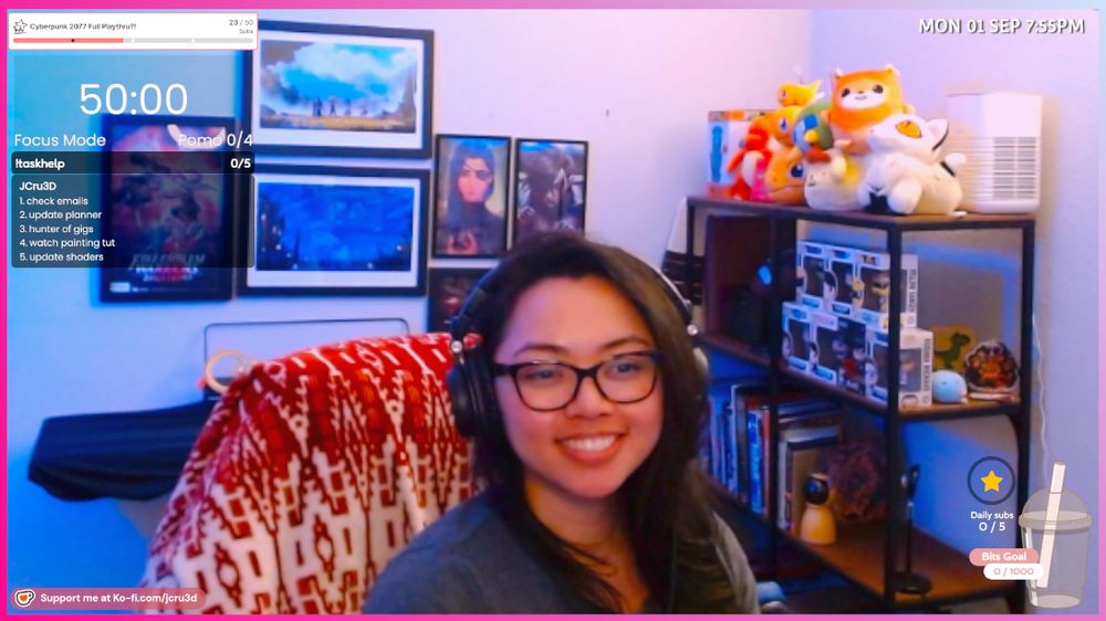 Fanart in the back, other nerdy decor to the right, Tasklist to the left and JCru in the center