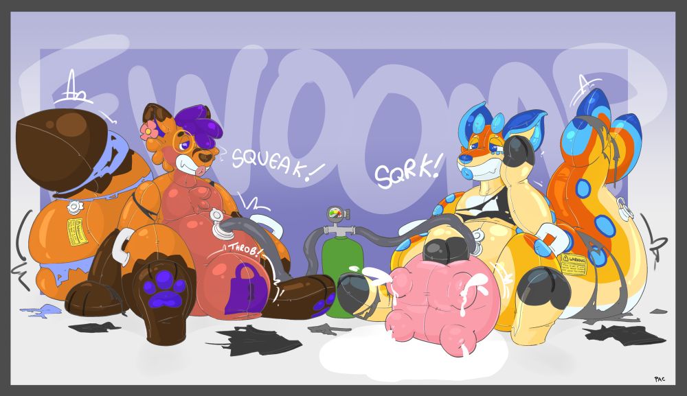 Image shows two post TF toys, a pooltoy fox with a round nulge squeaking his brains out with a cute toyhole to boot. While on the right side there is a pooltoy manokit with cow features such as an udder, hooves, and some horns. With milk also leaking on the ground. They are both still being inflated by an air canister in the middle