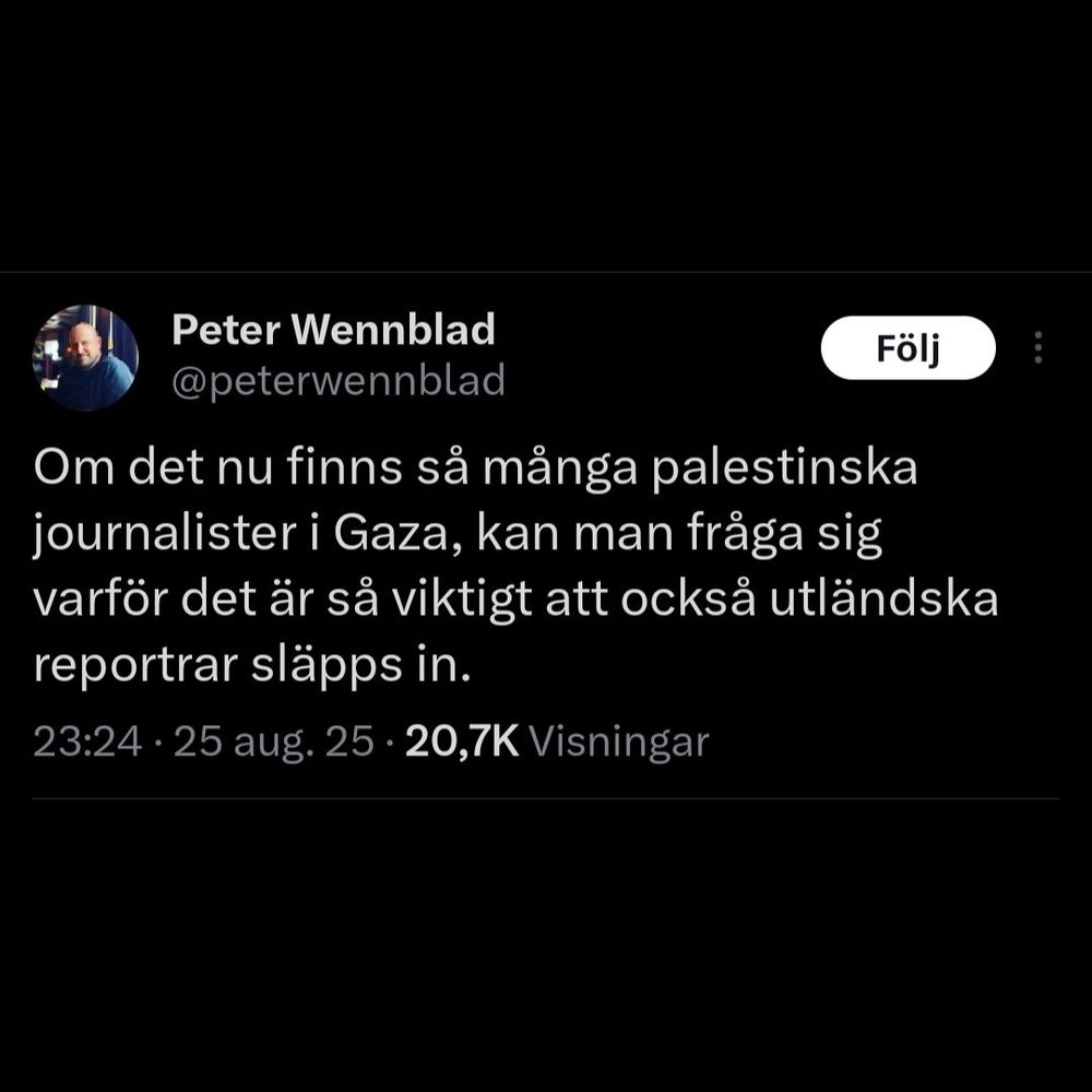 Peter wennblad spekulerar: Om det nu finns så många palestinska journalister i Gaza, kan man fråga sig varför det är så viktigt att också utländska reportrar släpps in.
