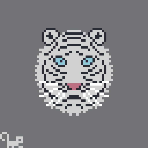 pixel art depicting a white tiger head, with black stripes and blue eyes.