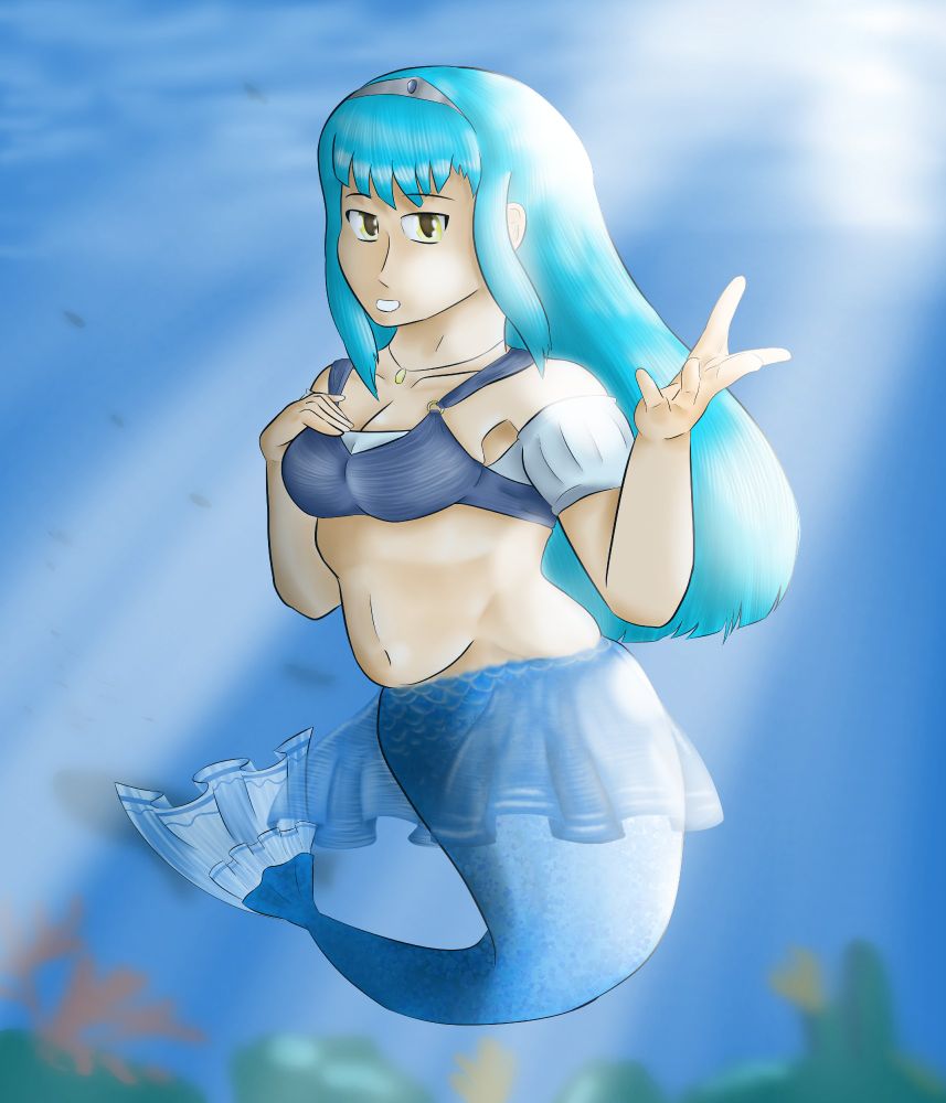 Risette Twinings from 'Trails through Daybreak' as a mermaid. She is wearing a navy blue top, a small silver tiara, and a white undershirt. Her tail is also blue, and her fins are frilly and veil-like.
