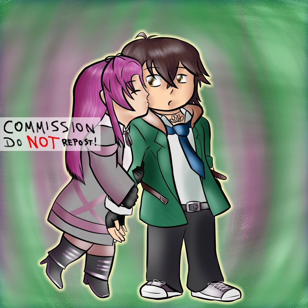 Renne Bright from the 'Trails' series kissing the client's OC Thomas on the cheek.