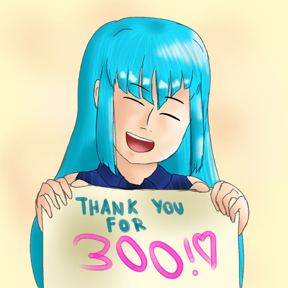 Risette Twinings, smiling, in her casual outfit holding up a sign that reads "Thank you for 300!" with a heart drawn on it.