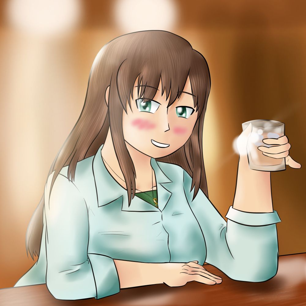 Hina Tachibana from 'Domestic Girlfriend' sitting in a bar, holding a glass of whiskey