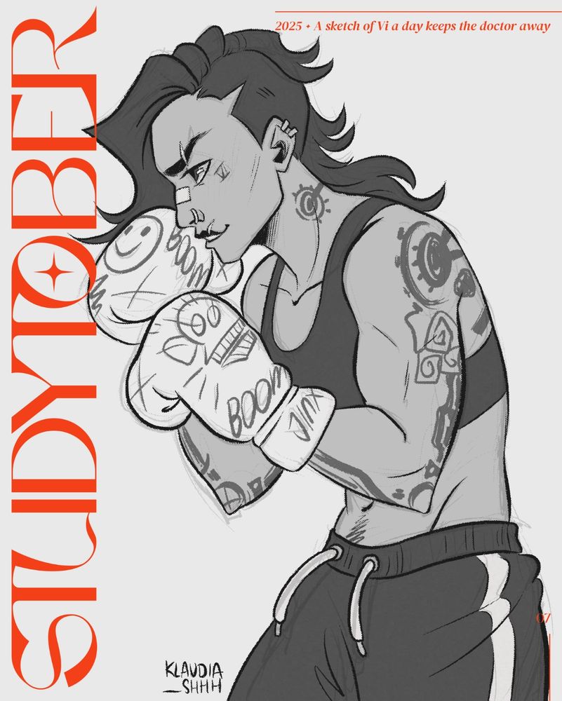 Black and white digital drawing of Vi from Arcane. She's seen from the side, waist up. She's in the middle of training, wearing her boxing gloves, sports bra and shorts. Her expression is determined but playful - she's smirking at her opponent.