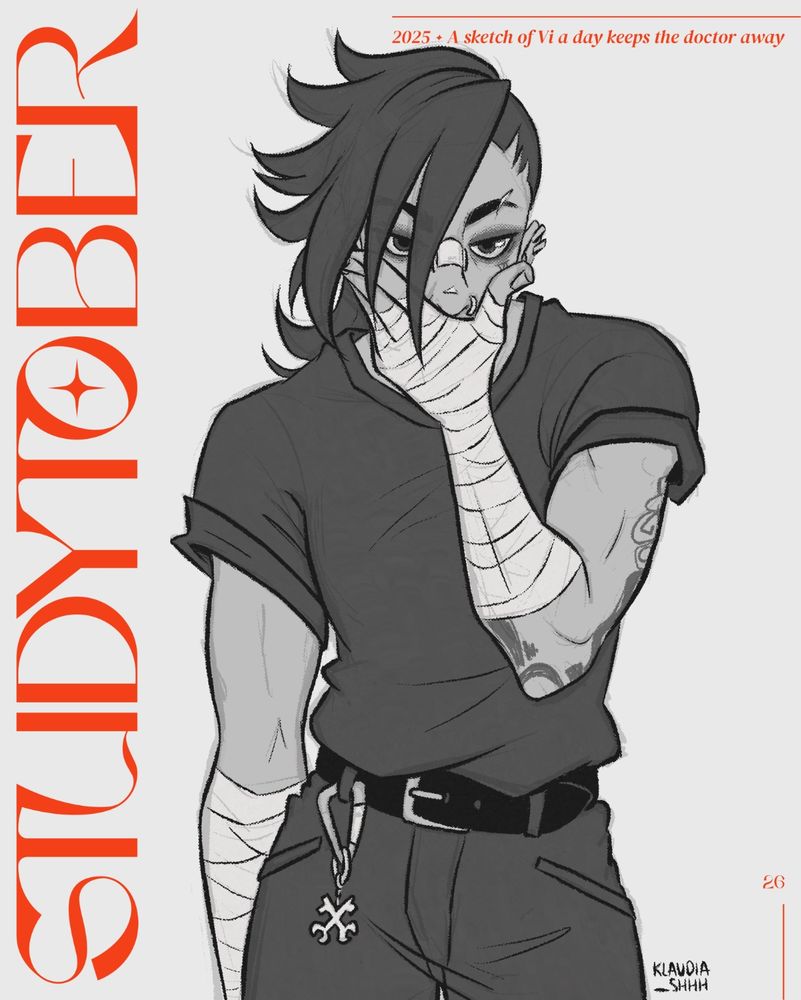 Black and white drawing of Vi from Arcane. She's seen from hip up, standing with one hand wrapped around the bottom half of her face. She's wearing her arm wraps, a dark grey tee and a dark grey pants with a leather belt and a kiramman keychain. She also has eyeshadow and is looking straight at the viewer with an annoyed expression.