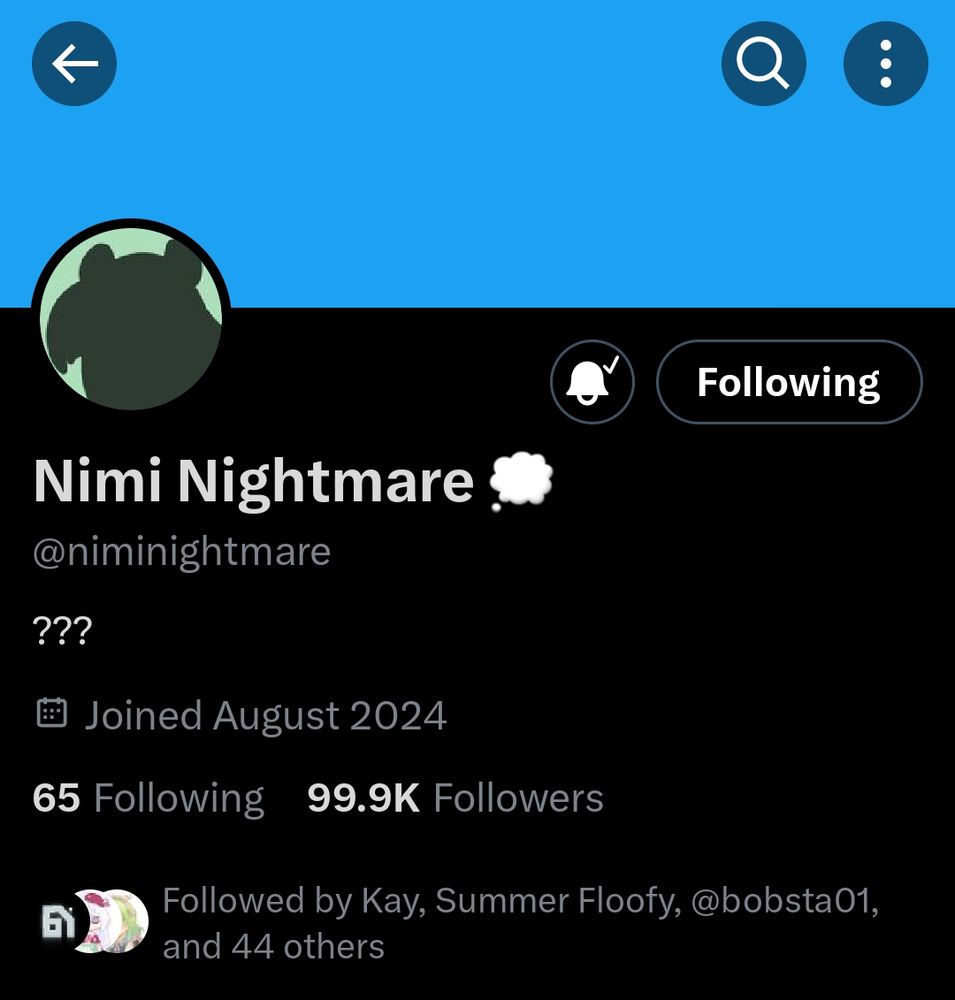 Screenshot of Nimi Nightmare at 99.9k followers on twitter