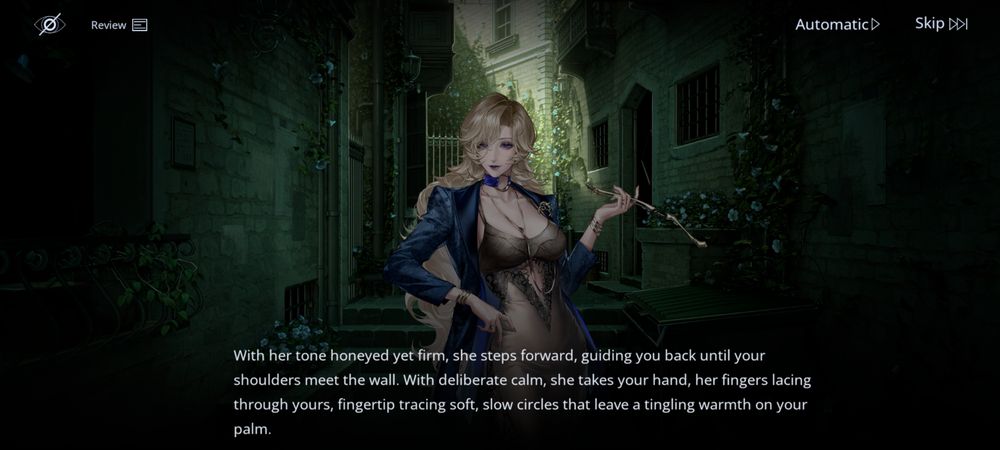 PtN screenshot of Vautour Bleu standing in an alley, with the text: "With her tone honeyed yet firm, she steps forward, guiding you back until your shoulders meet the wall. With deliberate calm, she takes your hand, her fingers lacing through yours, fingertip tracing soft, slow circles that leave a tingling warmth on your palm"