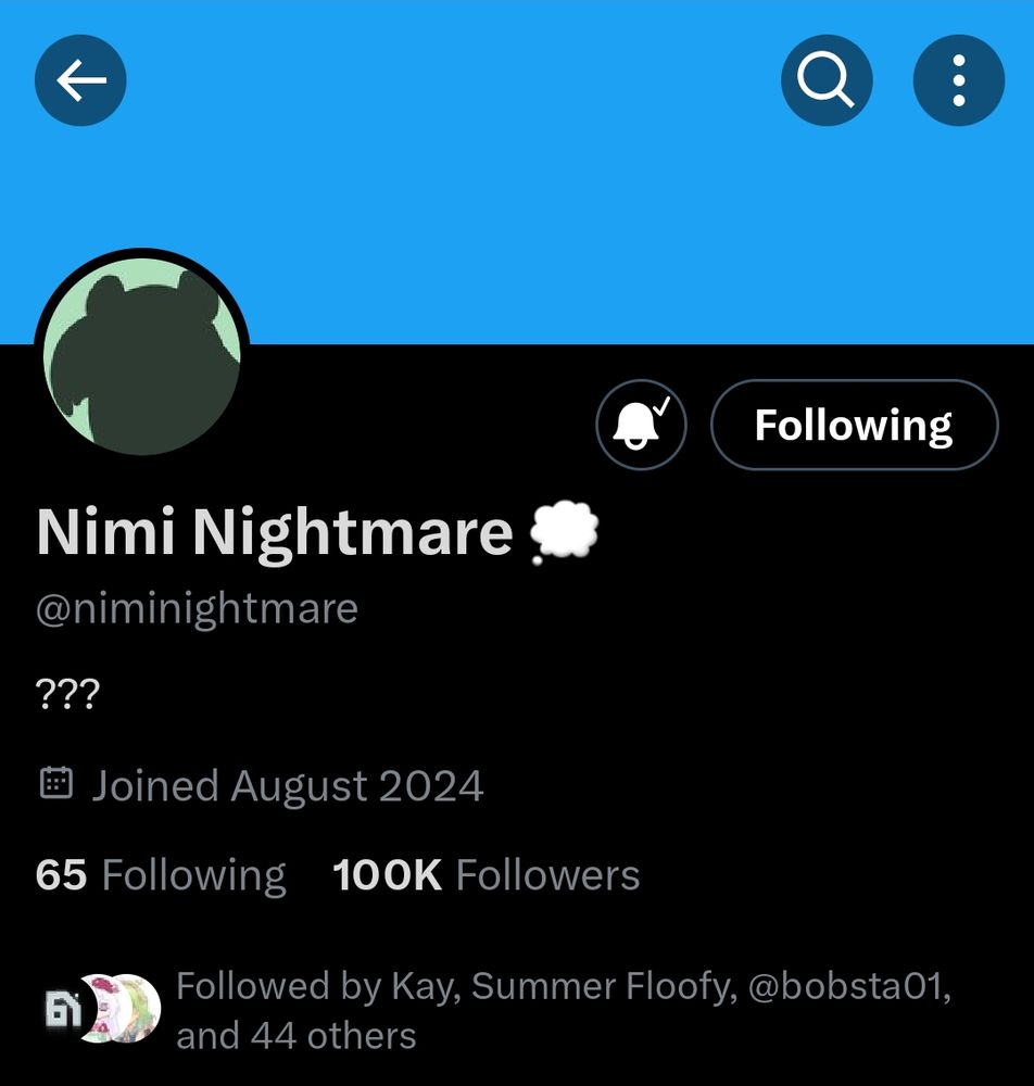 Screenshot of Nimi Nightmare's twitter account showing she has 100k followers
