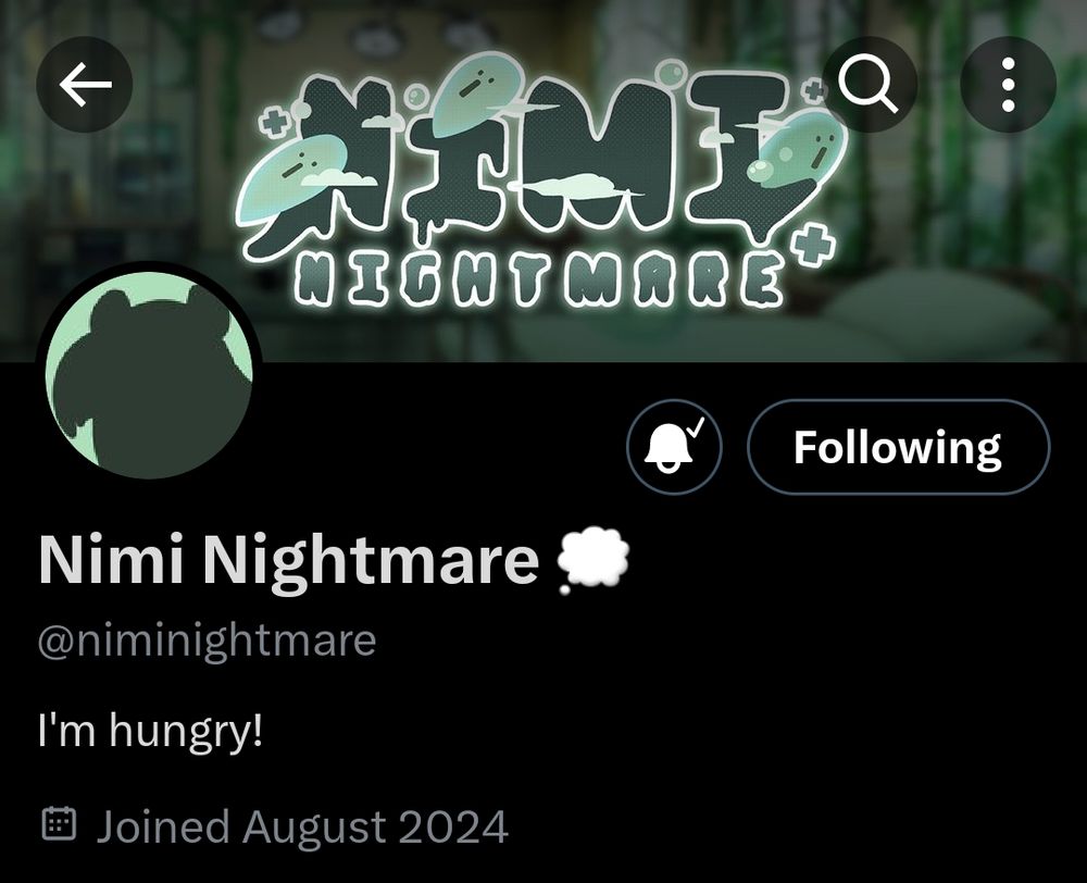 screenshot of Nimi Nightmare's twitter account. her bio reads "I'm hungry!"