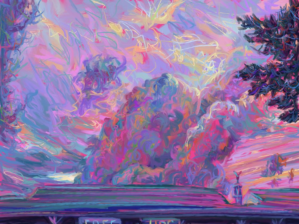 We see a very colorful, digital painting of clouds. The Candace leans hot pink with other bright colors swirled throughout. Along the bottom of the screen, we see the tops of buildings. 