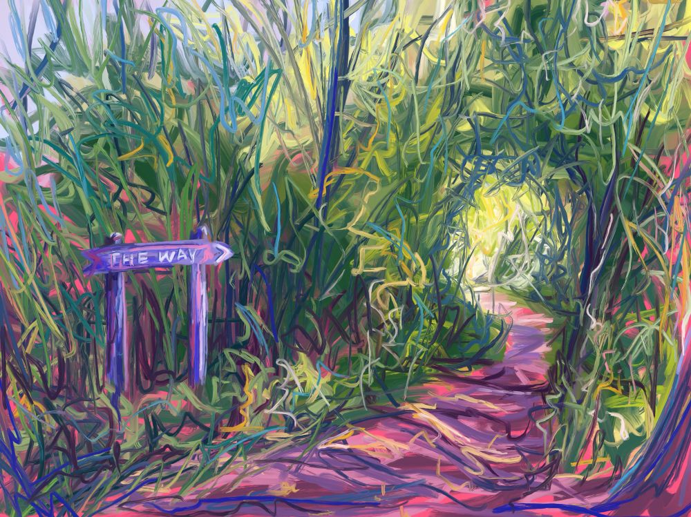 This is a digital painting of a path in the woods labeled “THE WAY”, with a wooden sign. The path retreats down the right side of the canvas, into the horizon. The colors are saturated and the brushstrokes loose. 