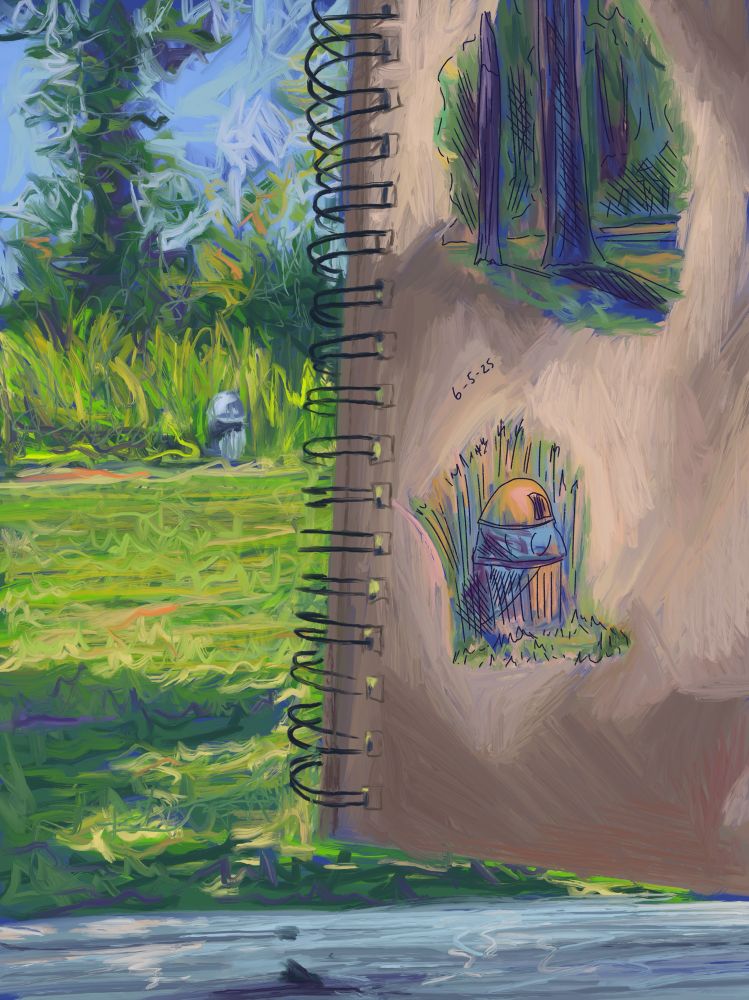 We see a digital drawing of a sketchbook held up next to a scene. On the sketchbook is a picture of a trash can which we see in the background. The sketchbook is lit by dappled sunlight, and there is an inked marker sketch on the paper. 