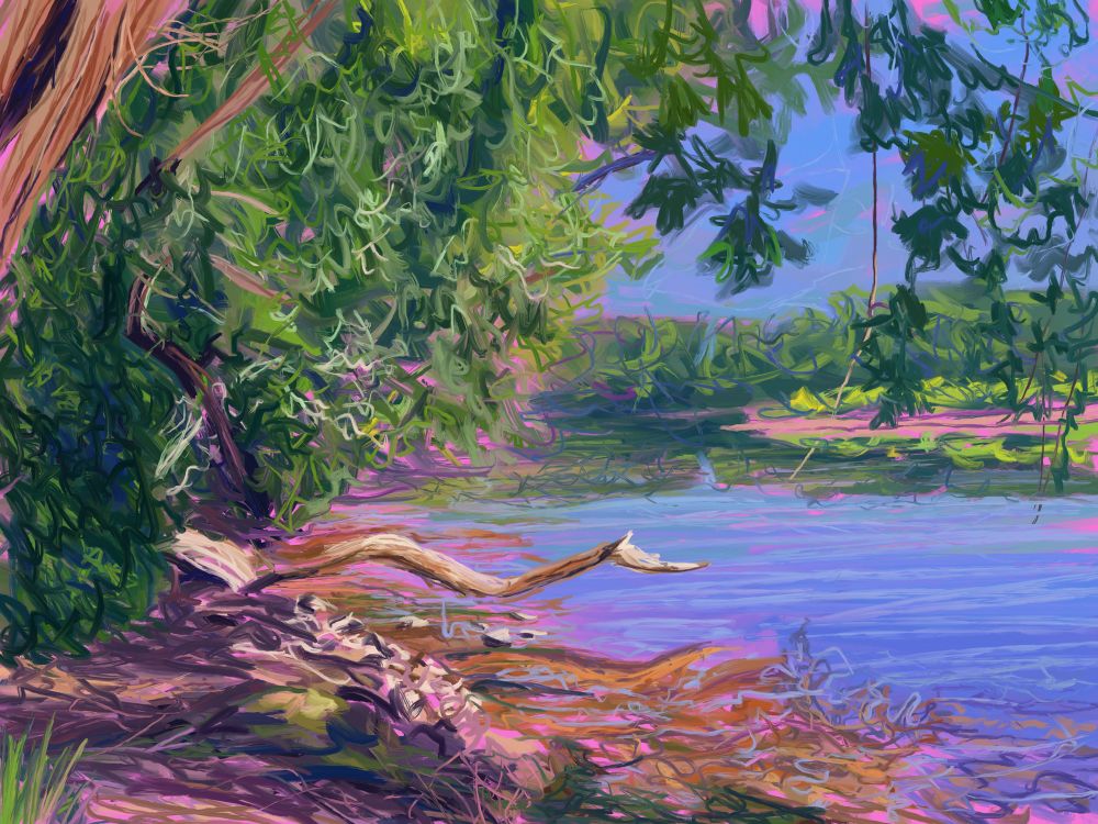we see a digital painting of a river scene. On the left side of the canvas is the shore of the river, and a large weathered piece of wood juts out over the water. On the right side of the canvas we see an opposing riverbank. The entire canvas has colorful and loose strokes.