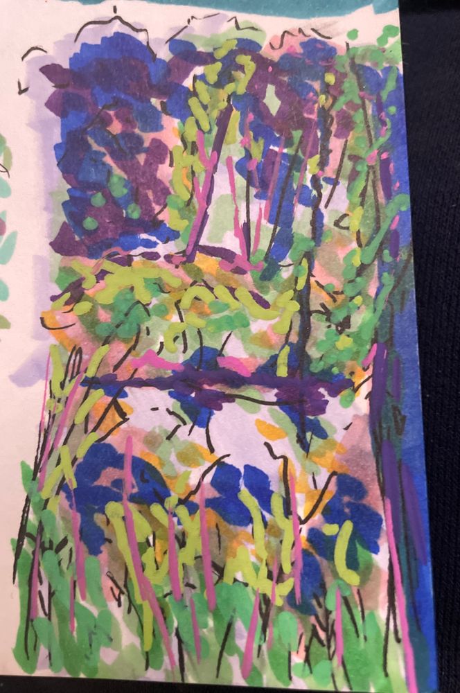 we see a colorful marker sketch of a river scene drawn in an abstract way. The scene is framed by a tree and plants on this bank. The background shows a sunlit opposing bank.  