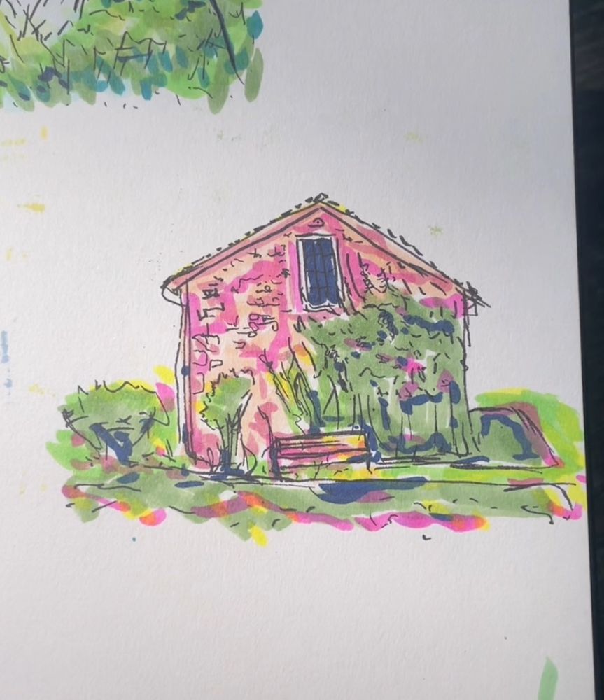 We see a marker sketch of a stone building covered with ivy. A bench faces the viewer and sits in front of the building. There is one window at the top of the wall. Some green plants and grass grow around the building. 