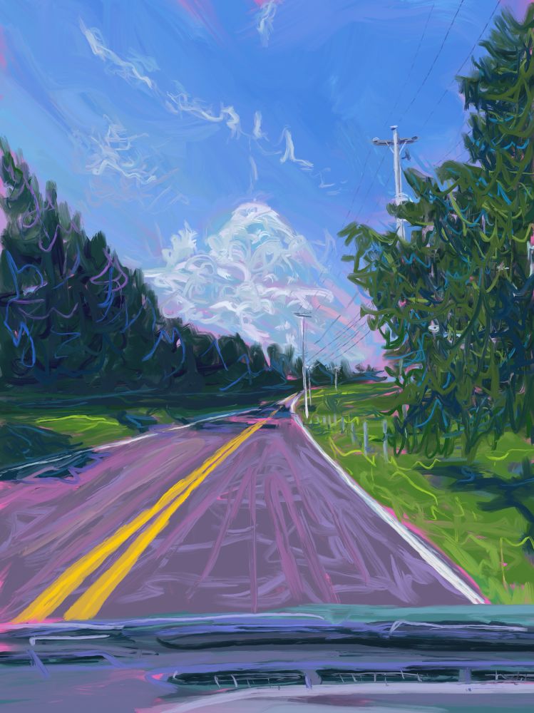 We see a digital painting of the view looking down a road. There is a yellow double line, and the road snakes into the center of the distance. Trees and open grass are on either side of the road. Along the bottom of the scene is the upper part of a car dashboard.  