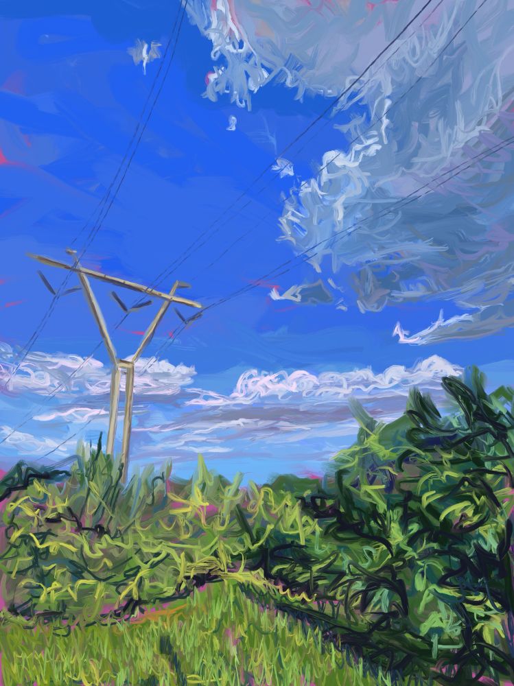 We see a digital painting of a power tower and power lines, arching over a shrubby green area. The sky is a bright blue , with large fluffy clouds passing over in places, and collected over the horizon. The colors are bright and the brushstrokes loose. 